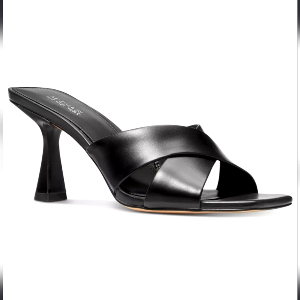 MICHAEL KORS Clara Slip-On Mules Crisscross Heels Sandals Black Leather Size 6.5